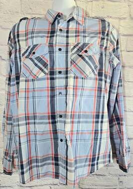 Carbon Blue Black Plaid Button Up Men's Shirt Medium Classic Fit